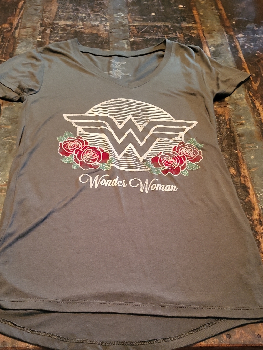 Wonder Woman Green V-Neck Tee with Rose Graphic